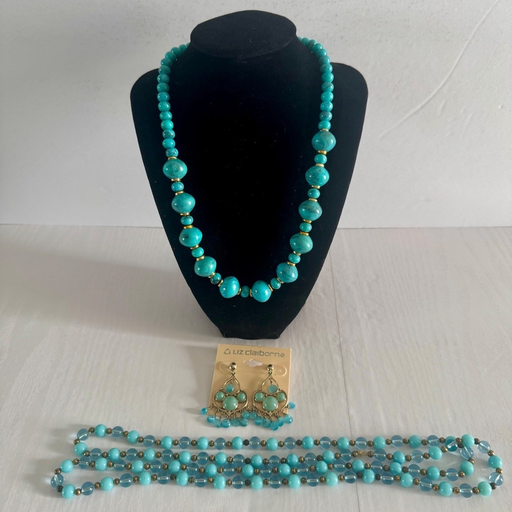 Turquoise Beaded Necklaces & Liz Claiborne Dangle Pierced Earrings Set Lot of 3